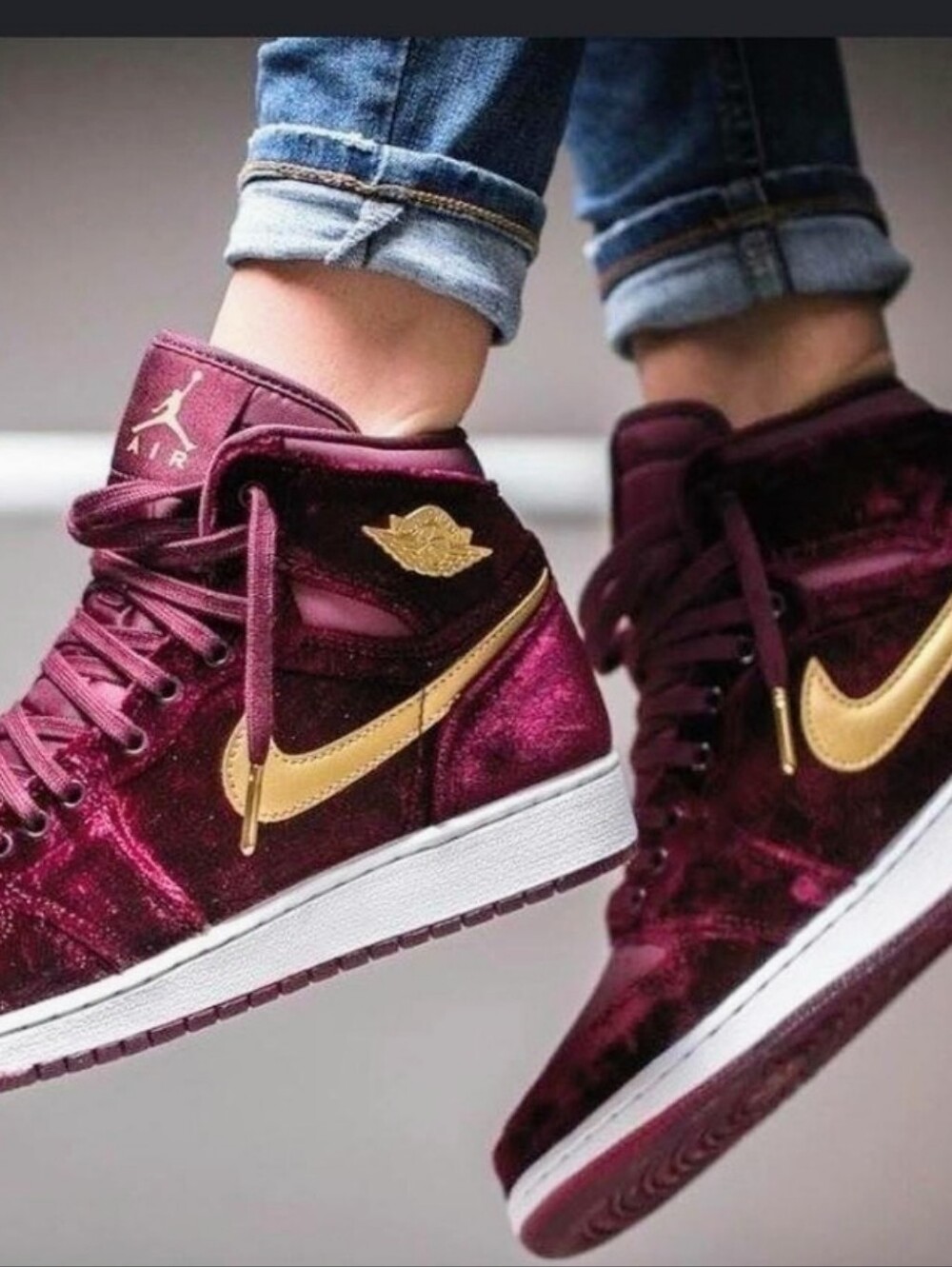 Jordan Women's Mid-Top Sneakers in Burgundy Velvet with Gold Swoosh